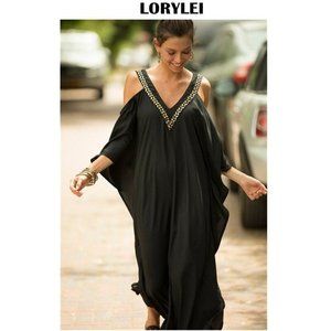 2019 Sexy Cold Shoulder V Neck Bats Sleeve Loose Summer Beach Dress Plus Size Wo